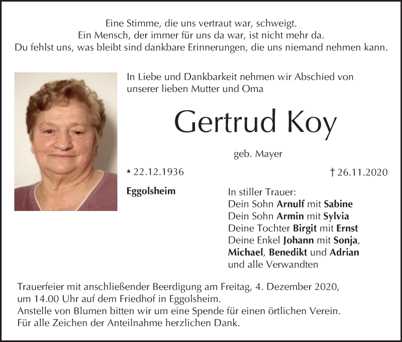  Traueranzeige für Gertrud Koy vom 02.12.2020 aus MGO