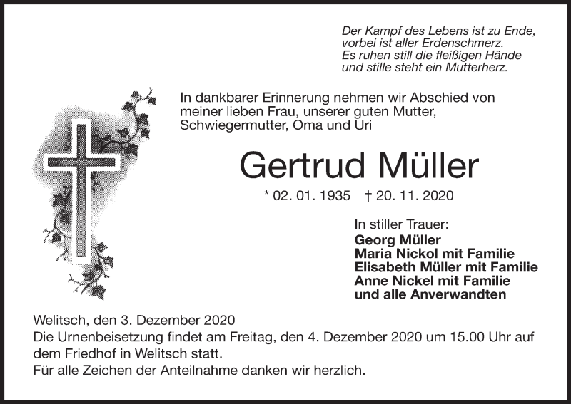  Traueranzeige für Gertrud Müller vom 03.12.2020 aus MGO