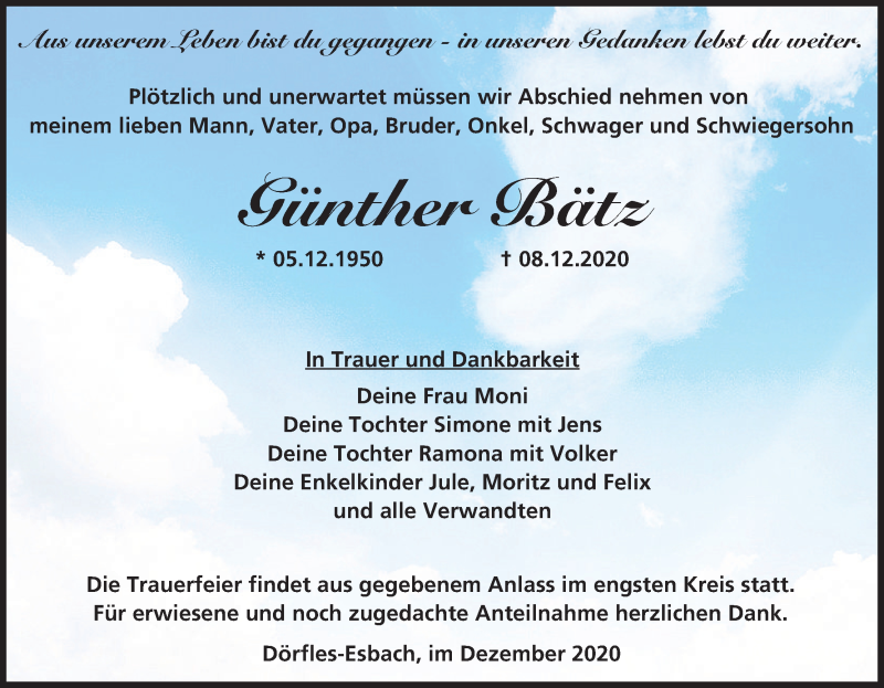  Traueranzeige für Günther Bätz vom 12.12.2020 aus MGO