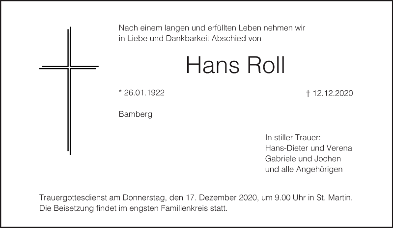  Traueranzeige für Hans Roll vom 16.12.2020 aus MGO