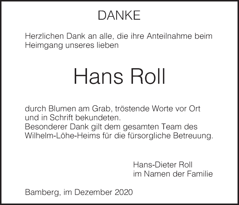  Traueranzeige für Hans Roll vom 24.12.2020 aus MGO