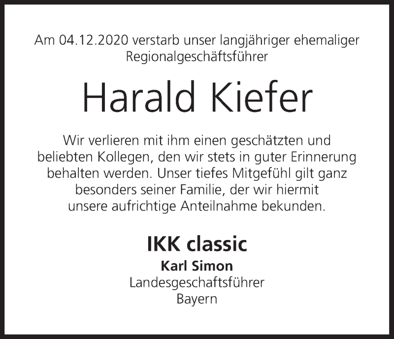  Traueranzeige für Harald Kiefer vom 11.12.2020 aus MGO