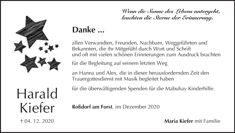  Traueranzeige für Harald Kiefer vom 24.12.2020 aus MGO