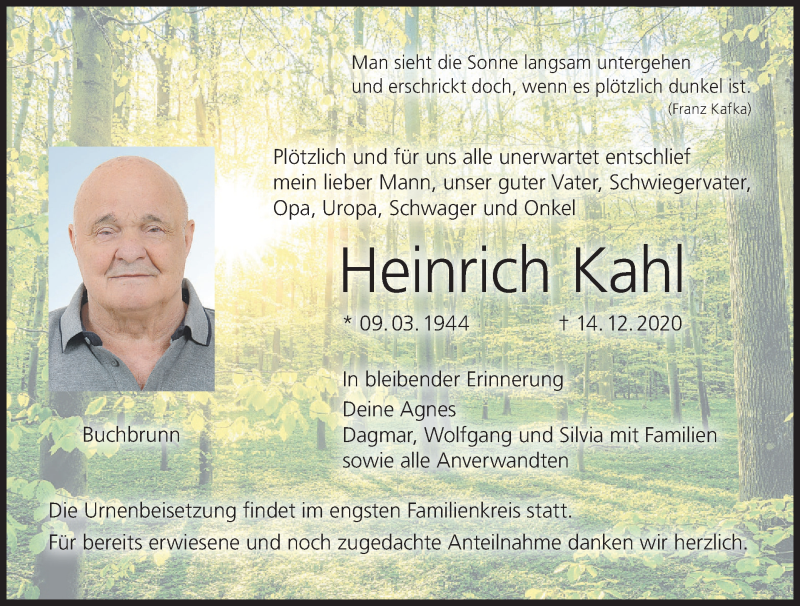  Traueranzeige für Heinrich Kahl vom 19.12.2020 aus MGO