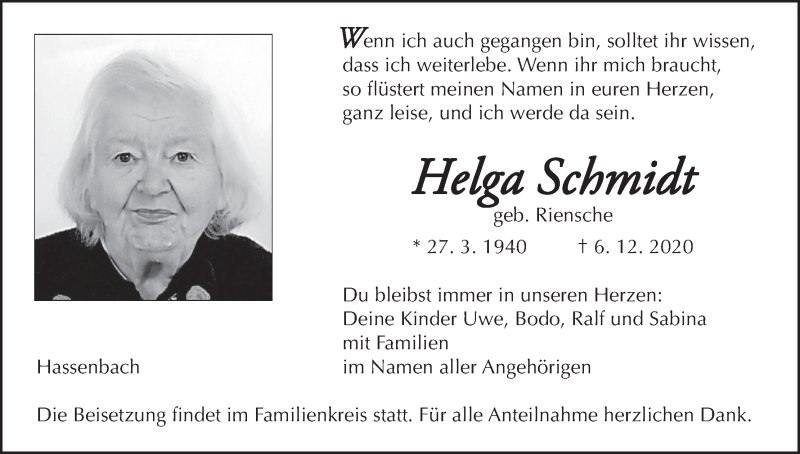  Traueranzeige für Helga Schmidt vom 12.12.2020 aus MGO