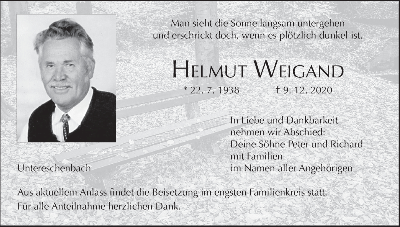  Traueranzeige für Helmut Weigand vom 12.12.2020 aus MGO