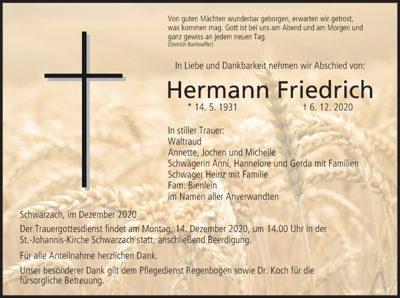  Traueranzeige für Hermann Friedrich vom 10.12.2020 aus MGO