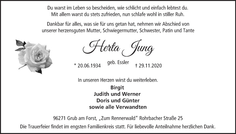  Traueranzeige für Herta Jung vom 01.12.2020 aus MGO