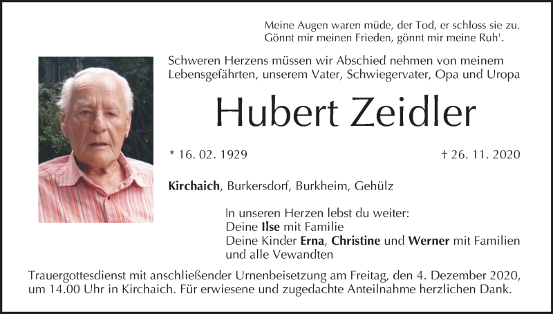  Traueranzeige für Hubert Zeidler vom 01.12.2020 aus MGO