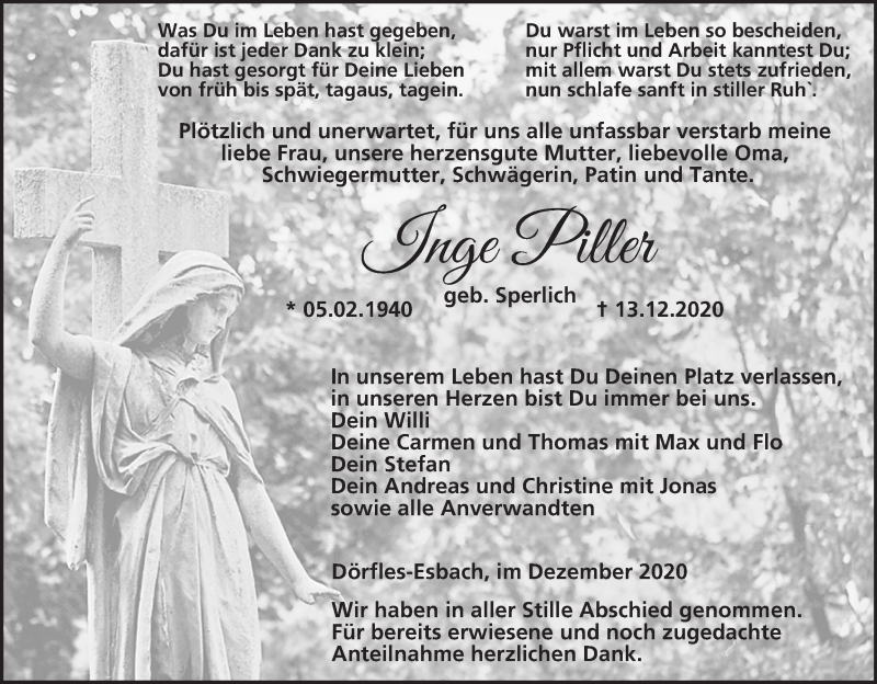  Traueranzeige für Inge Piller vom 19.12.2020 aus MGO