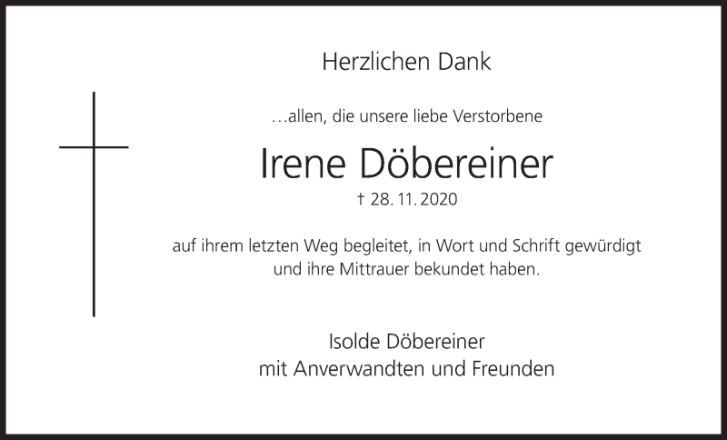  Traueranzeige für Irene Döbereiner vom 19.12.2020 aus MGO