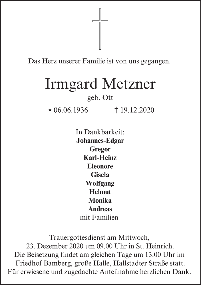  Traueranzeige für Irmgard Metzner vom 22.12.2020 aus MGO