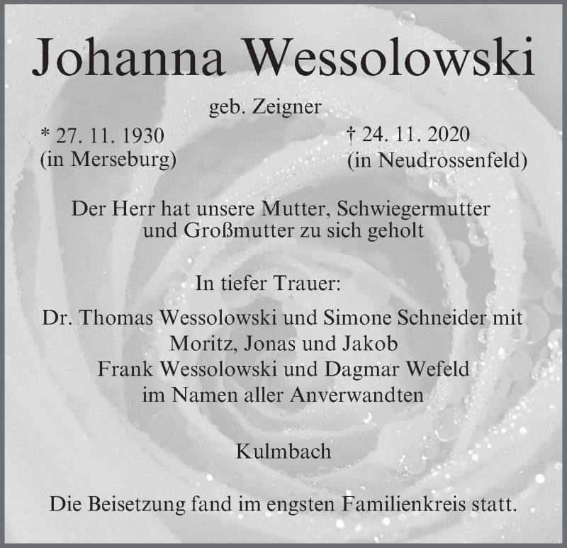  Traueranzeige für Johanna Wessolowski vom 19.12.2020 aus MGO