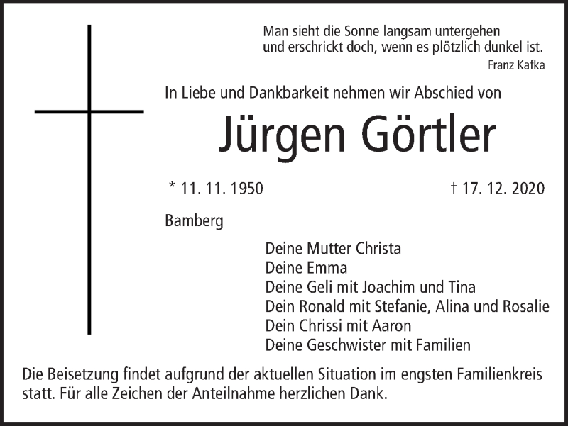  Traueranzeige für Jürgen Görtler vom 28.12.2020 aus MGO