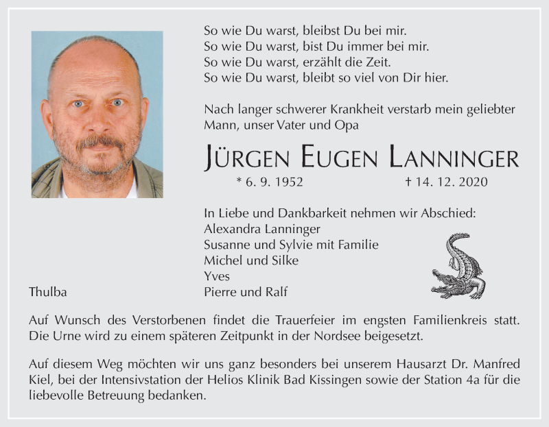  Traueranzeige für Jürgen Eugen Lanninger vom 19.12.2020 aus MGO