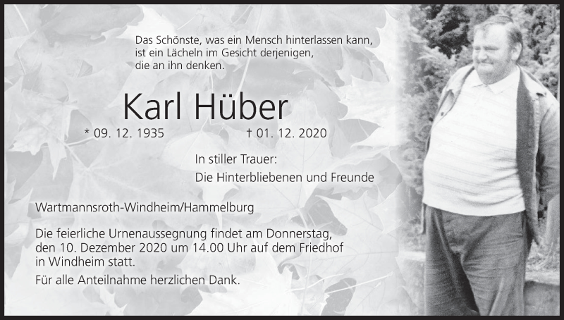  Traueranzeige für Karl Hüber vom 07.12.2020 aus MGO
