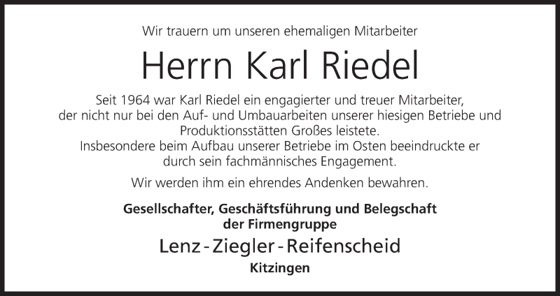  Traueranzeige für Karl Riedel vom 10.12.2020 aus MGO