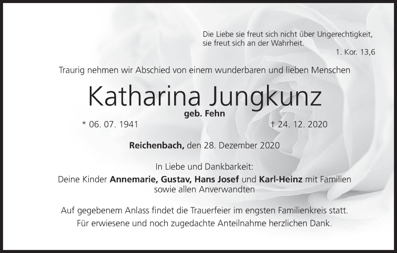  Traueranzeige für Katharina Jungkunz vom 28.12.2020 aus MGO