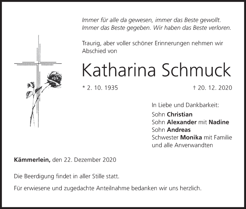  Traueranzeige für Katharina Schmuck vom 22.12.2020 aus MGO