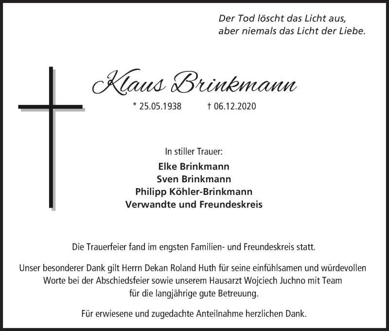  Traueranzeige für Klaus Brinkmann vom 19.12.2020 aus MGO