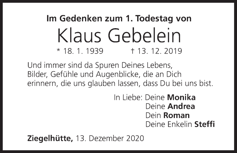  Traueranzeige für Klaus Gebelein vom 12.12.2020 aus MGO