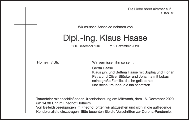  Traueranzeige für Klaus Haase vom 12.12.2020 aus MGO