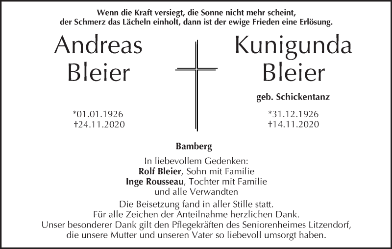 Traueranzeige für Kunigunda Bleier vom 12.12.2020 aus MGO