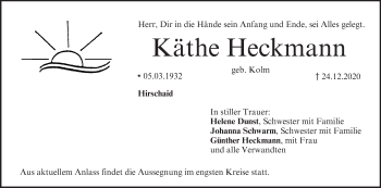 Anzeige von Käthe Heckmann von MGO