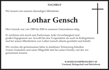Anzeige von Lothar Gensch von MGO
