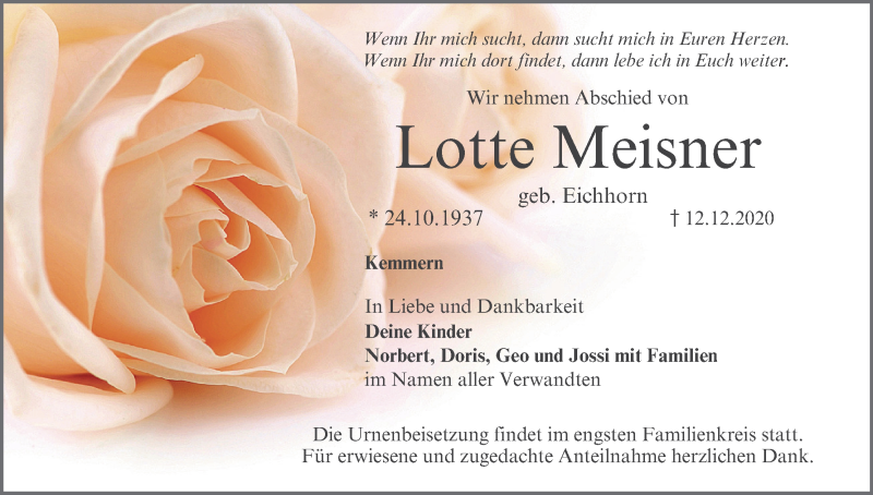  Traueranzeige für Lotte Meisner vom 19.12.2020 aus MGO