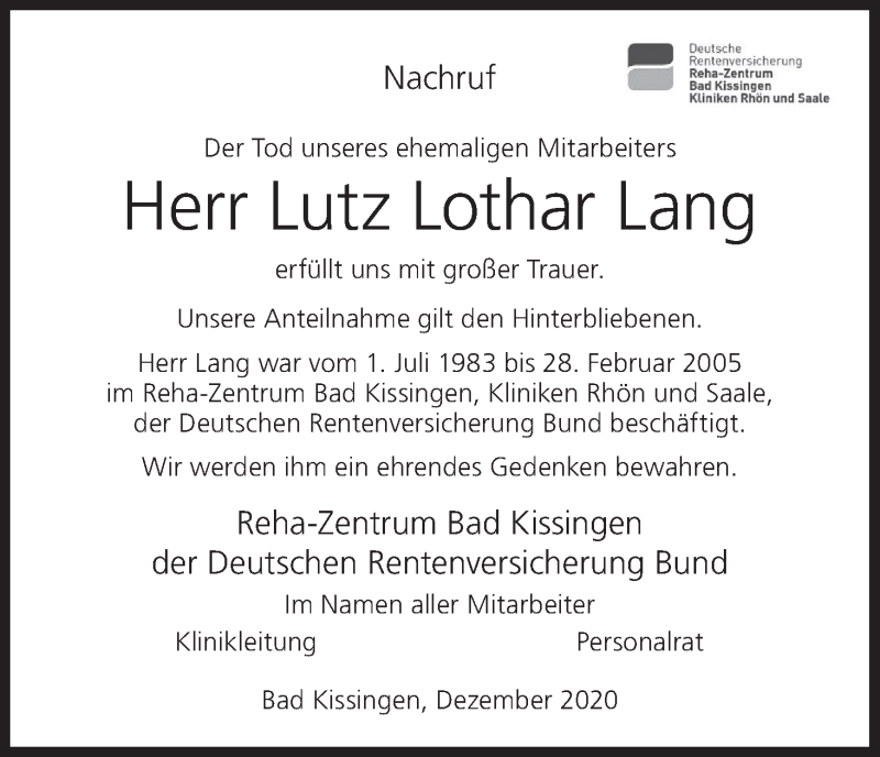  Traueranzeige für Lutz Lothar Lang vom 09.12.2020 aus MGO