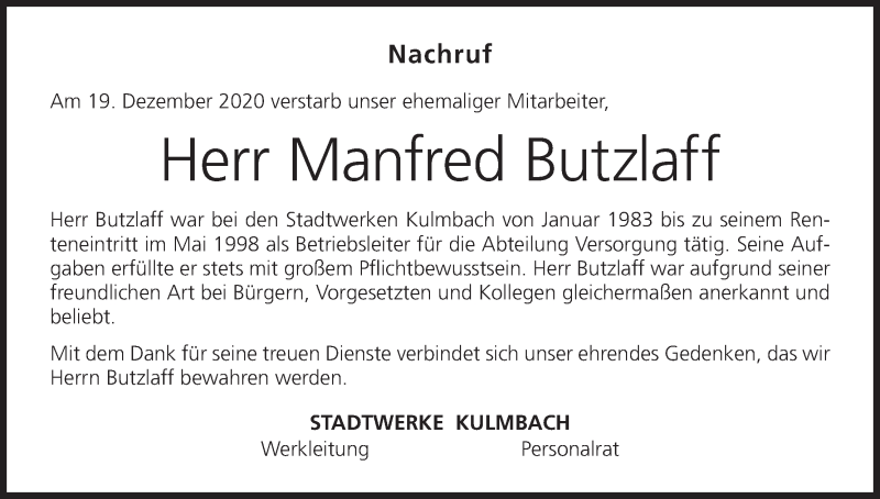  Traueranzeige für Manfred Butzlaff vom 30.12.2020 aus MGO