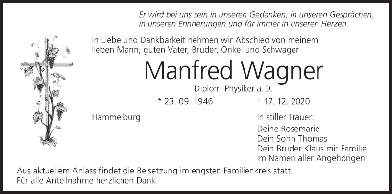  Traueranzeige für Manfred Wagner vom 22.12.2020 aus MGO