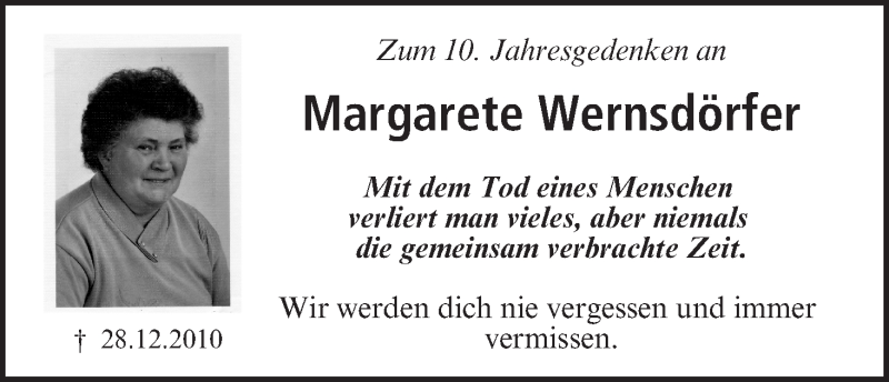  Traueranzeige für Margarete Wernsdörfer vom 24.12.2020 aus MGO