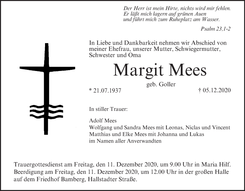  Traueranzeige für Margit Mees vom 09.12.2020 aus MGO
