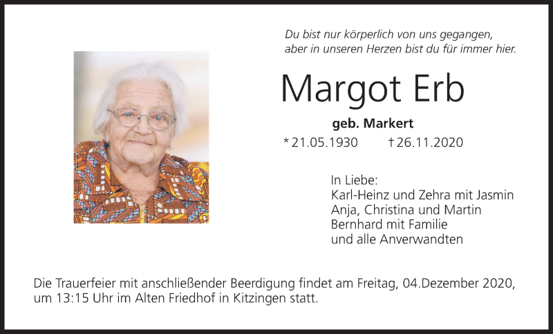 Traueranzeige für Margot Erb vom 02.12.2020 aus MGO