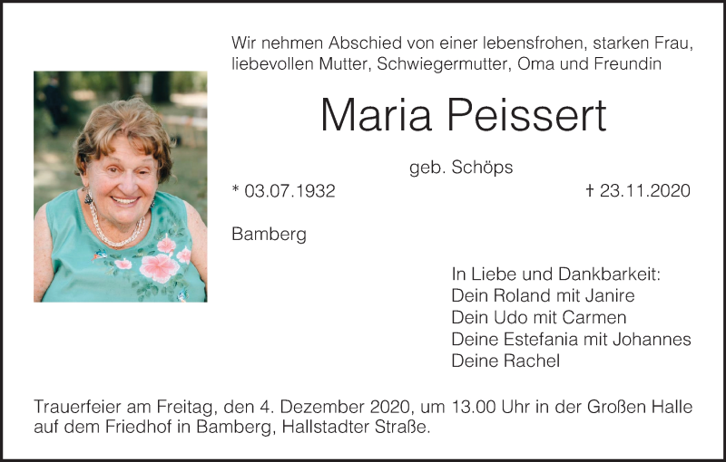  Traueranzeige für Maria Peissert vom 02.12.2020 aus MGO