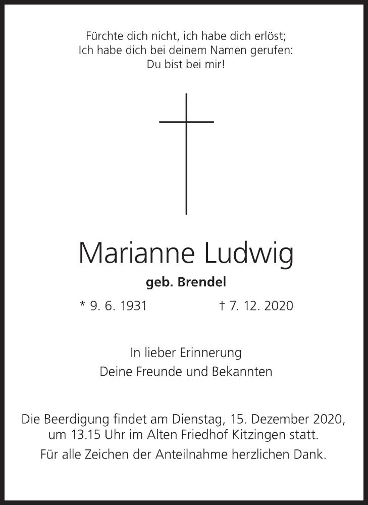  Traueranzeige für Marianne Ludwig vom 12.12.2020 aus MGO