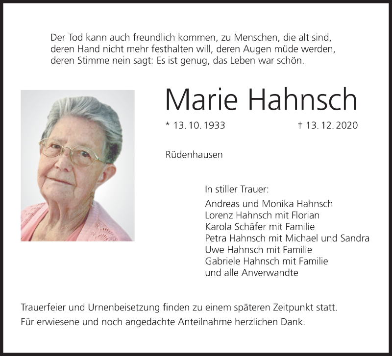 Traueranzeige für Marie Hahnsch vom 19.12.2020 aus MGO