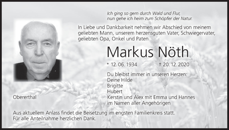  Traueranzeige für Markus Nöth vom 22.12.2020 aus MGO