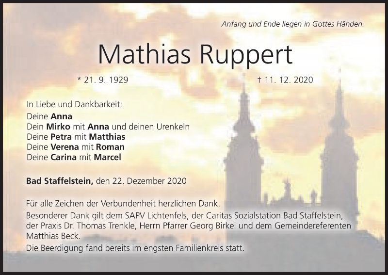  Traueranzeige für Mathias Ruppert vom 22.12.2020 aus MGO