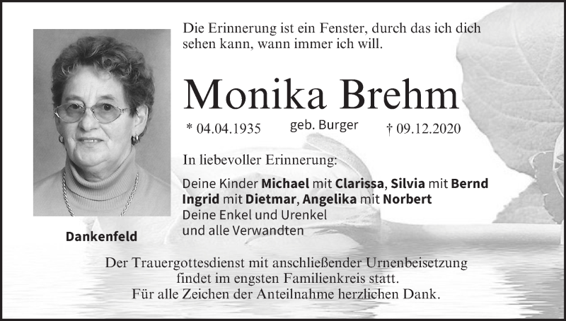  Traueranzeige für Monika Brehm vom 19.12.2020 aus MGO