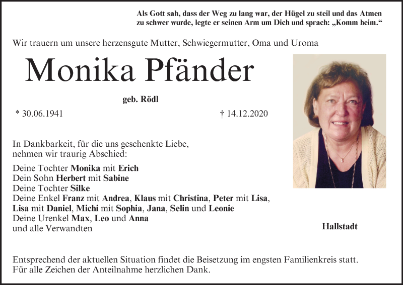  Traueranzeige für Monika Pfänder vom 19.12.2020 aus MGO