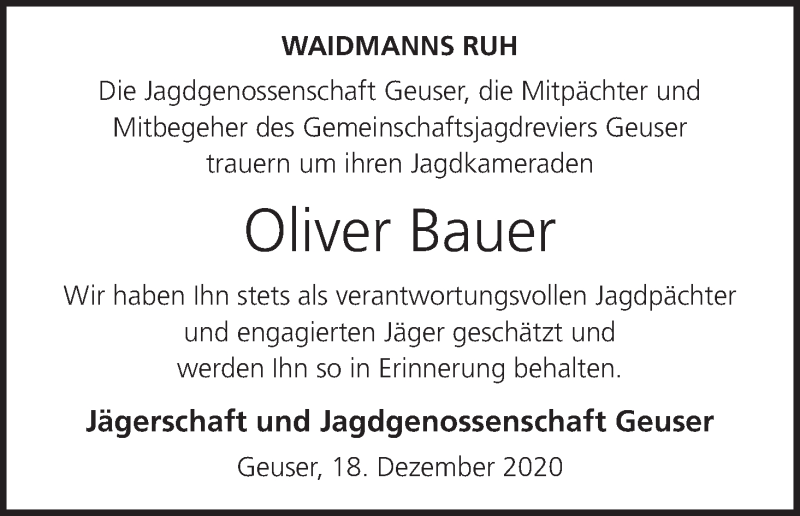  Traueranzeige für Oliver Bauer vom 19.12.2020 aus MGO