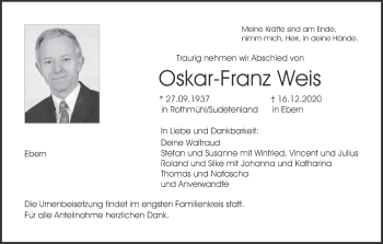 Anzeige von Oskar-Franz Weis von MGO
