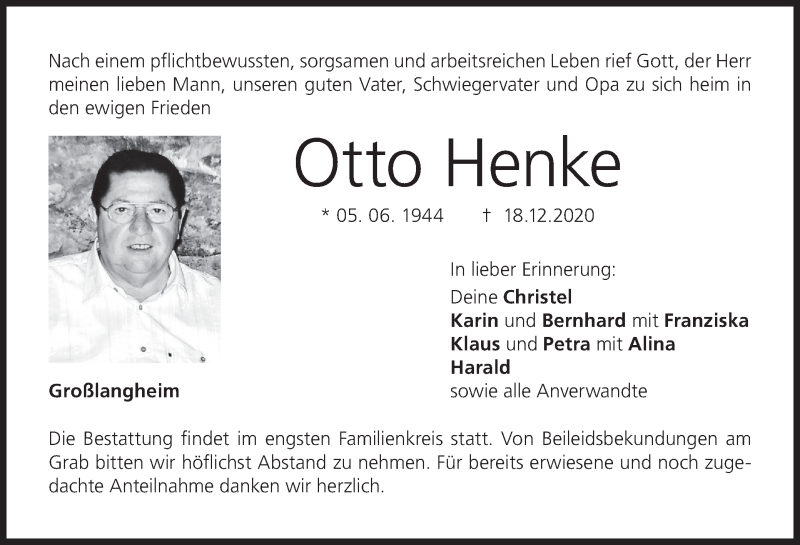  Traueranzeige für Otto Henke vom 29.12.2020 aus MGO