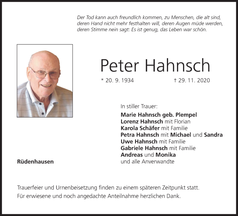  Traueranzeige für Peter Hahnsch vom 12.12.2020 aus MGO