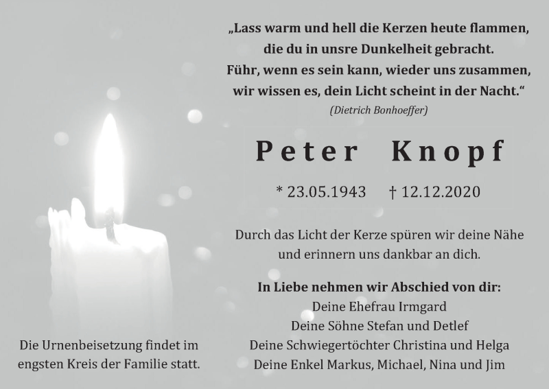  Traueranzeige für Peter Knopf vom 19.12.2020 aus MGO