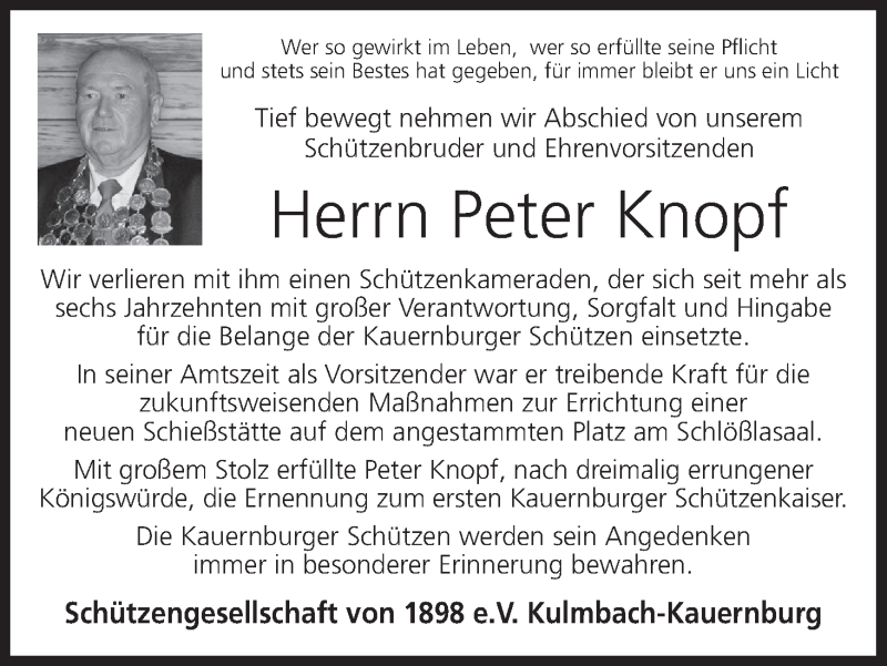  Traueranzeige für Peter Knopf vom 21.12.2020 aus MGO
