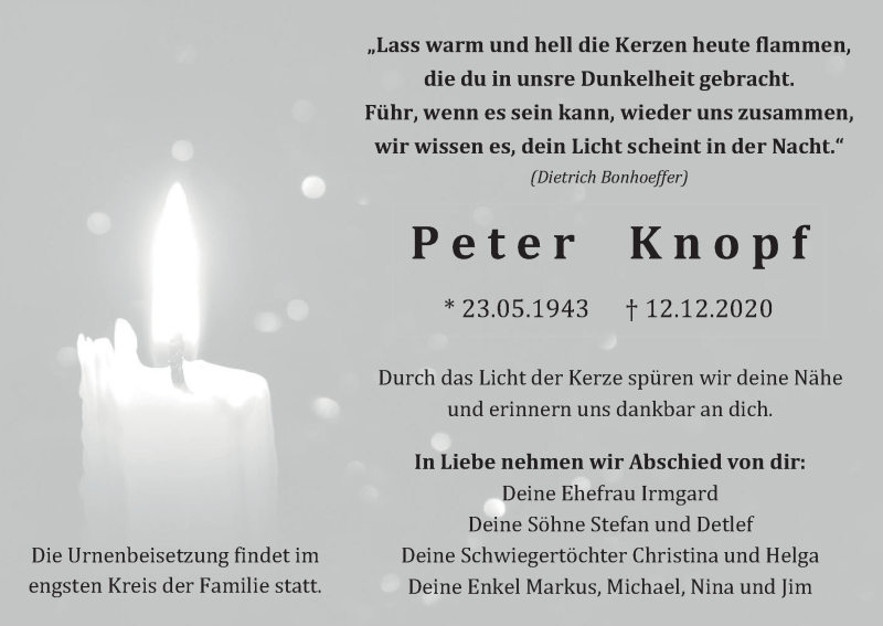  Traueranzeige für Peter Knopf vom 19.12.2020 aus MGO